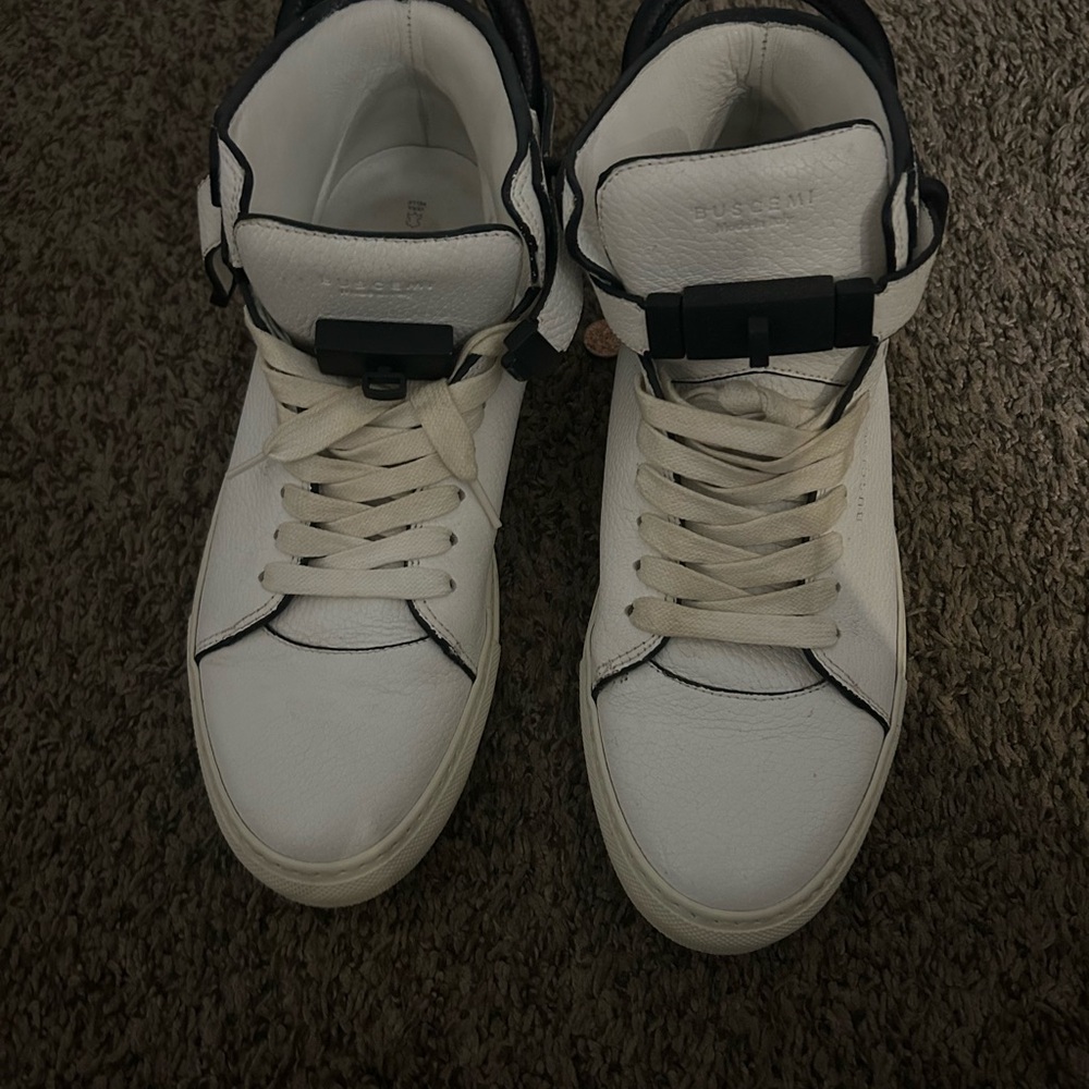 Buscemi White High-Top Leather Sneakers with Black Trim